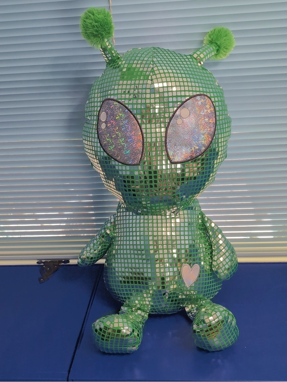 Jumbo XL 38 Inch Green Alien Plush Toy - Disco Heart Shiny Mosaic Design